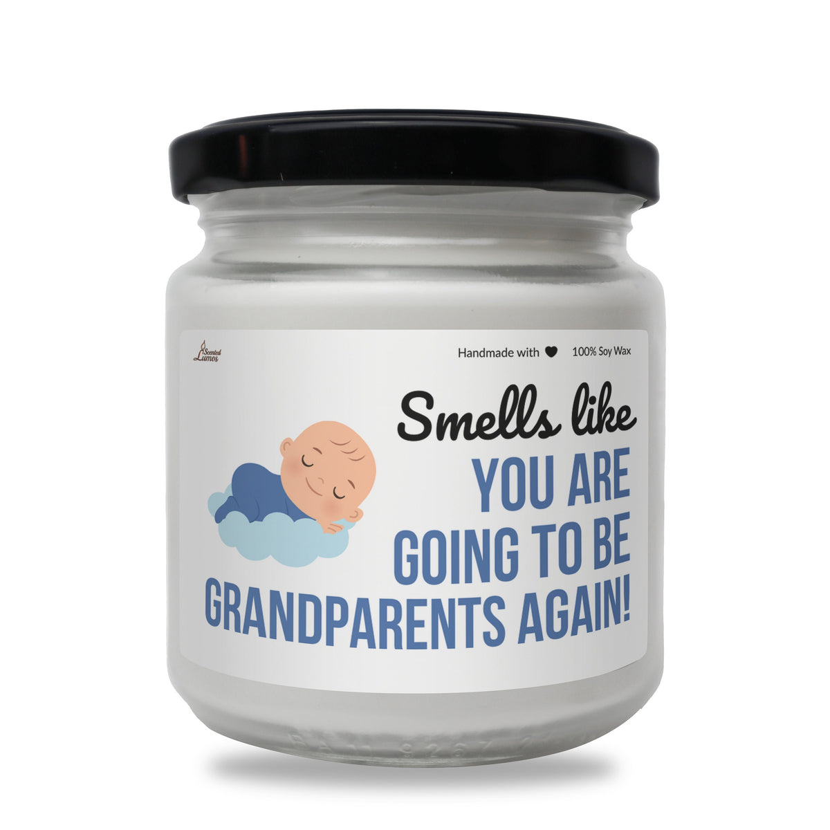 a white jar with a label that says smell like you are going to be grandparents