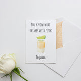 a card with a picture of a drink and a flower