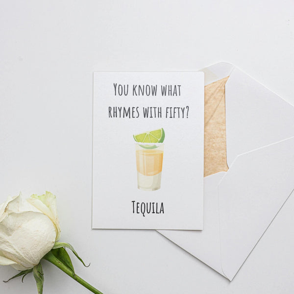 a card with a picture of a drink and a flower