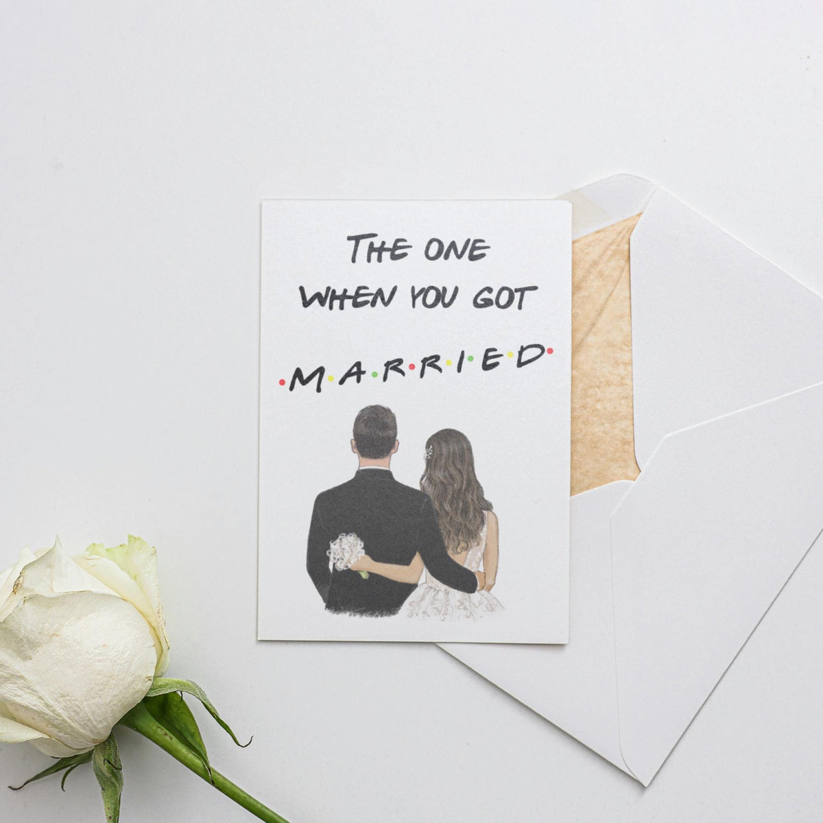 a card with a picture of a bride and groom on it