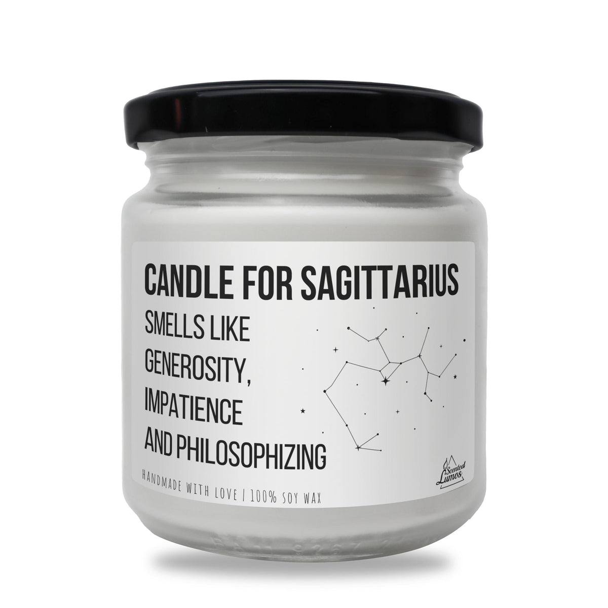 a jar of candle that says candle for sagittarius