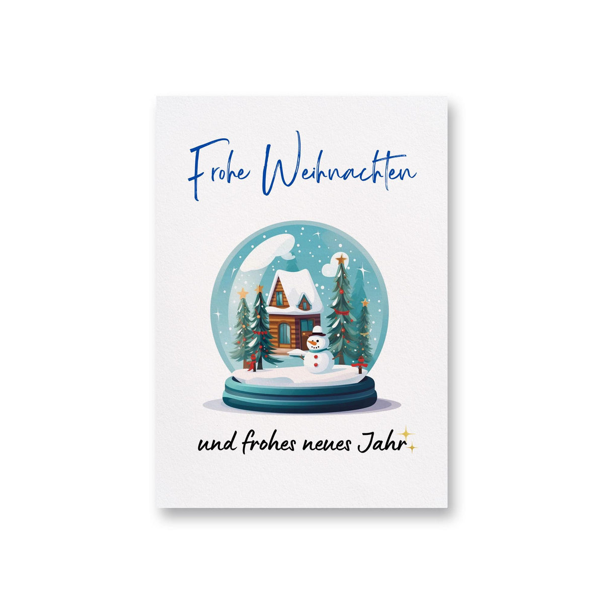 a christmas card with a snow globe with a house inside