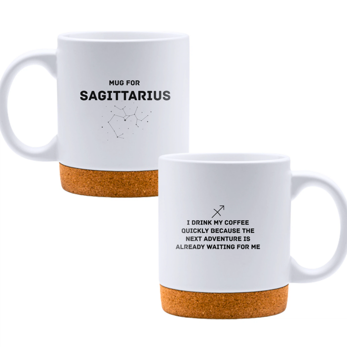 Mug for Sagittarius: I drink my coffee quickly because the next adventure is already waiting for me - White mug - Ceramic Mug with Cork 320ml